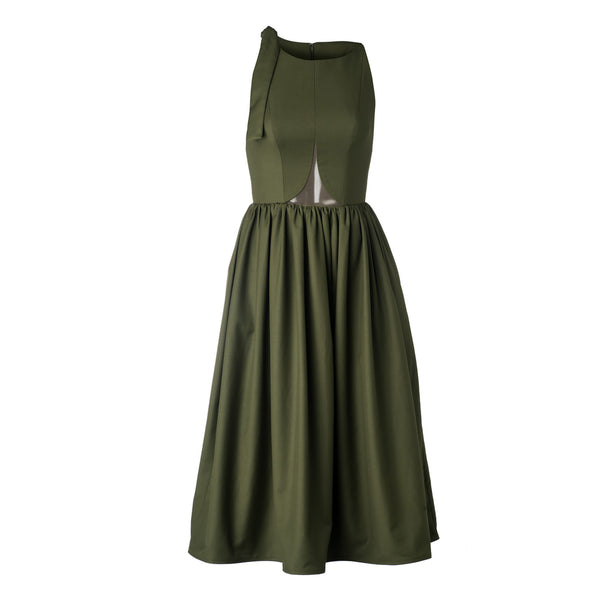 Bow Shoulder Olive Party Dress